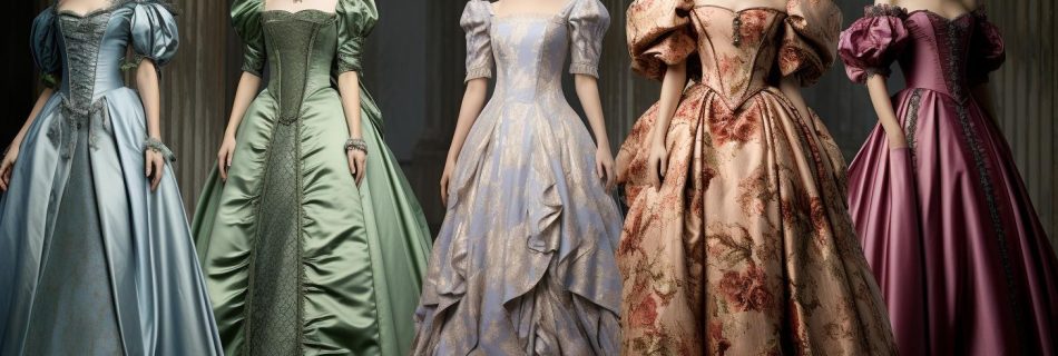 Een verzameling elegante Engelse jurken in klassieke stijlen, met luxueuze stoffen en verfijnde details voor een tijdloze uitstraling.